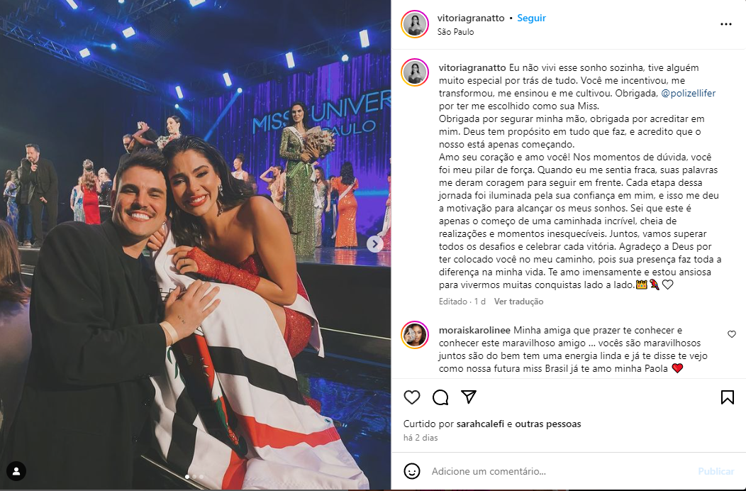 Noticias de Araras | "Eu não vivi esse sonho sozinha, tive alguém muito especial por trás de tudo", diz Vitória Granatto após ficar no top 10 do Miss São Paulo 2024 Noticias de Araras | "Eu não vivi esse sonho sozinha, tive alguém muito especial por trás de tudo", diz Vitória Granatto após ficar no top 10 do Miss São Paulo 2024